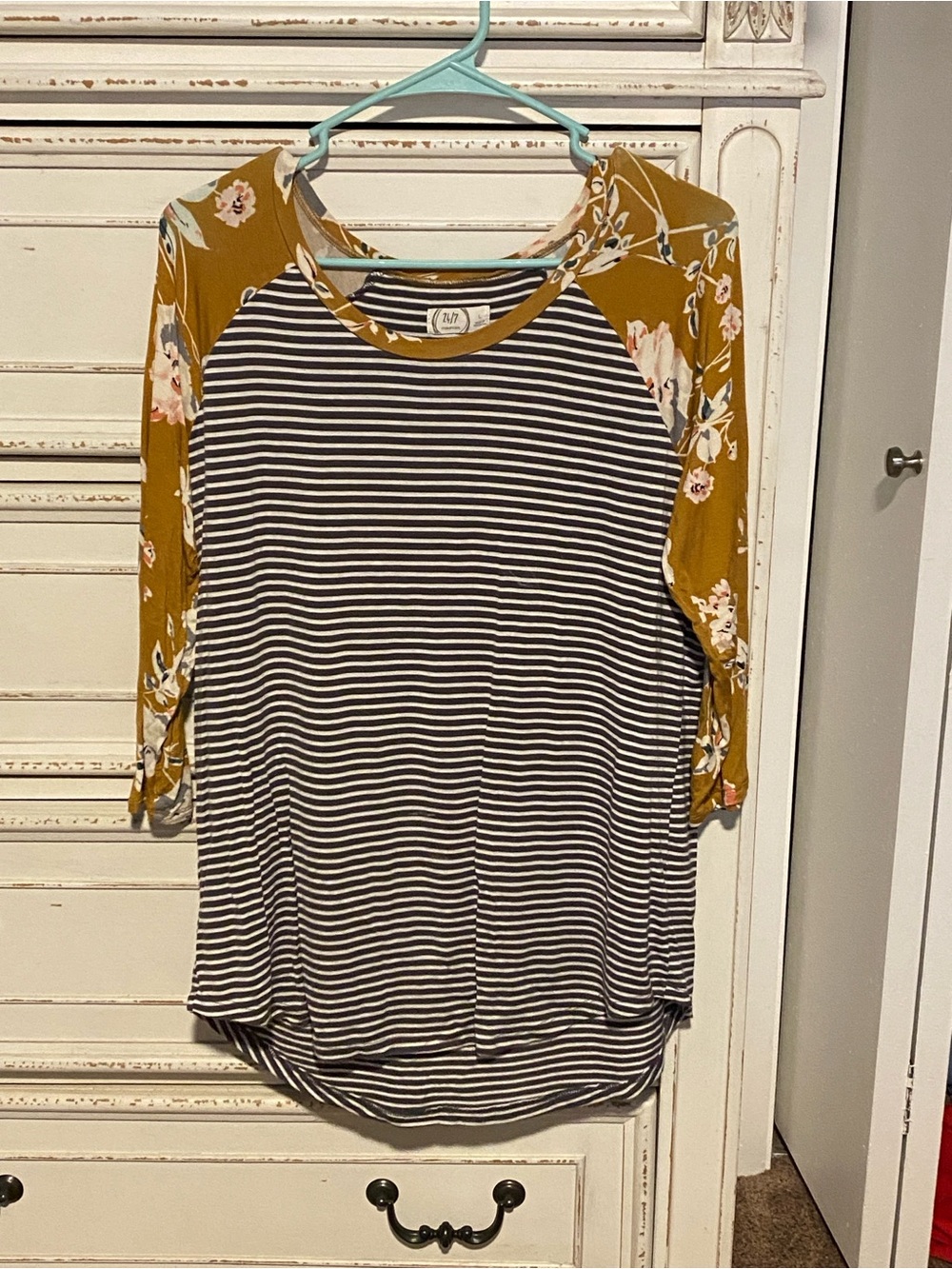 Striped Raglan Long Sleeve Top with Mustard Floral Sleeves